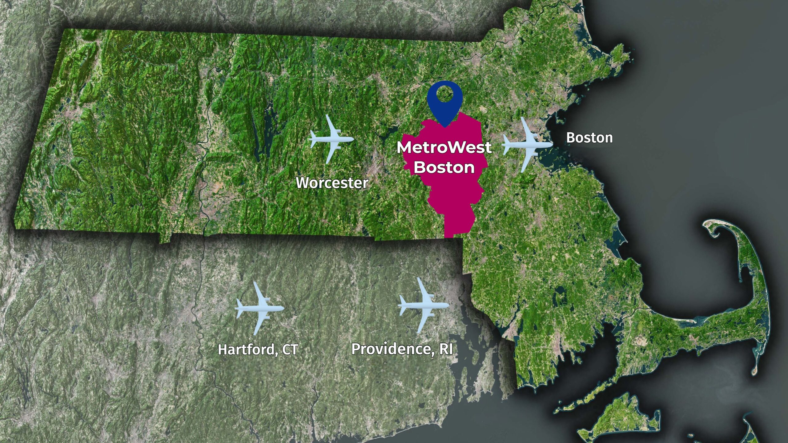 MetroWest map with airplanes and city names