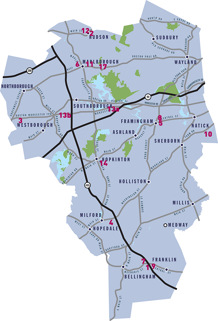 Map of locations of the local craft breweries, cideries, winery, and distillery in MetroWest Massachusetts